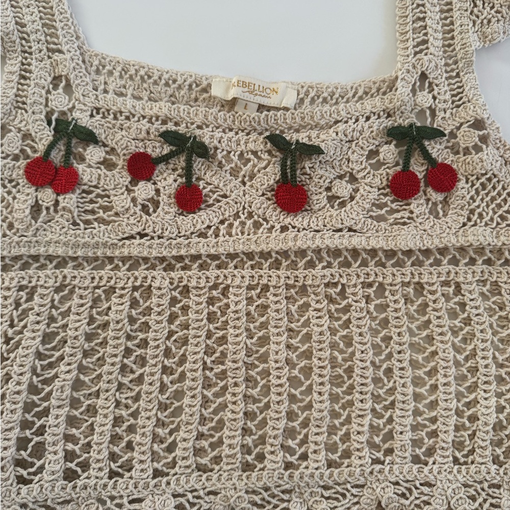 Rebellion Tan Crochet Crop Top with Cherry Details - Picture 4 of 7